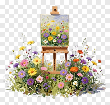 Painting Of Colorful Wildflowers On An Easel PNG