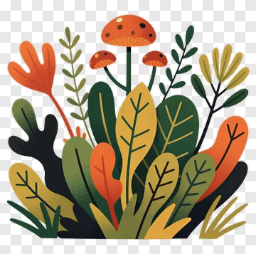 Colorful Plant Composition With Mushrooms PNG