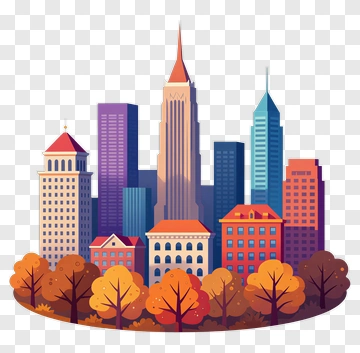 Colorful City Skyline With Autumn Trees PNG