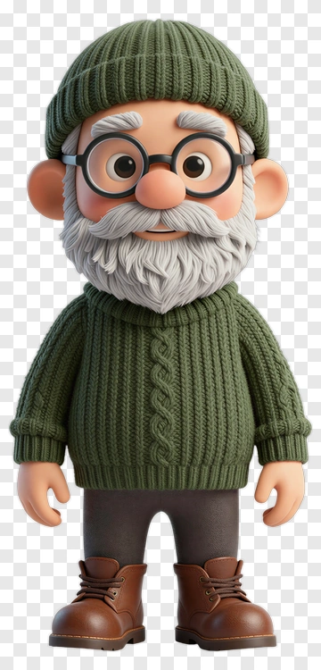 3D Cartoon Old Man In Green Sweater PNG