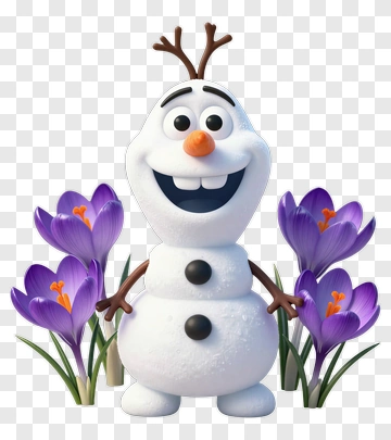 Cartoon Snowman Surrounded By Purple Flowers PNG