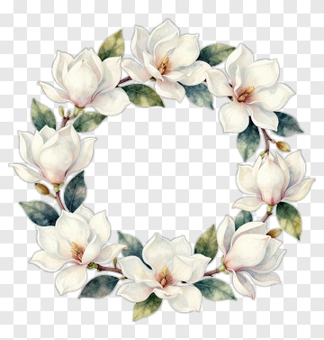 Watercolor White Magnolia Flower Wreath PNG