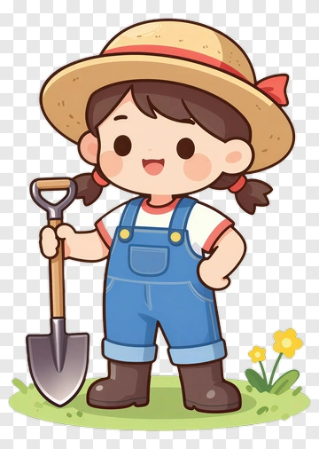Cartoon Girl Holding A Shovel In Overalls PNG