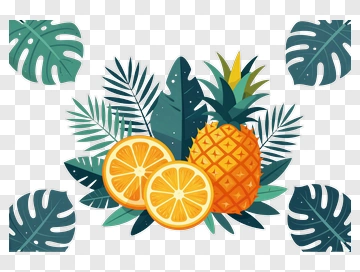 Pineapple And Orange With Tropical Leaves PNG
