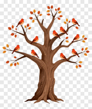 Colorful Tree With Orange Birds PNG