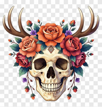 Skull With Floral Antlers PNG