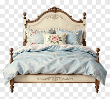 Elegant Bed With Blue Bedding And Decorative Pillows PNG