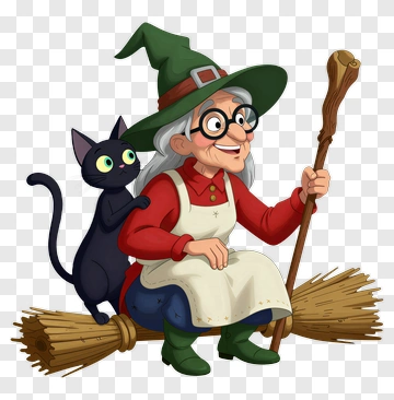 Cartoon Witch Riding A Broom With A Black Cat PNG