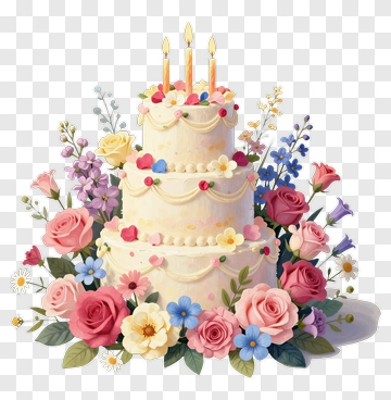 Three-Tiered Birthday Cake With Flowers PNG