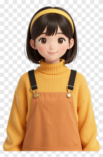 3D Girl Wearing A Yellow Sweater And Orange Overalls PNG