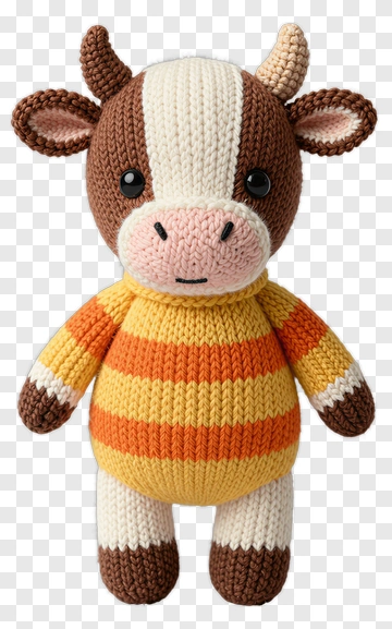 Knitted Cow Toy With Striped Sweater PNG
