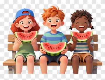Happy Children Eating Watermelon PNG