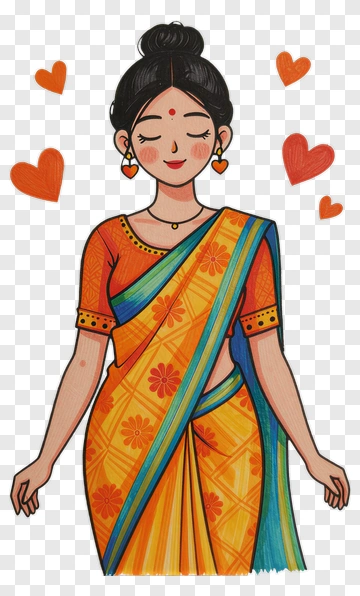 Cartoon Woman In A Colorful Saree PNG
