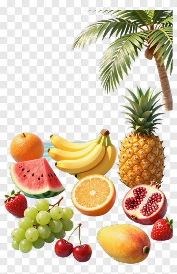 Tropical Fruit Arrangement With Palm Tree PNG