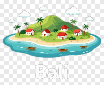 Cartoon Island With Houses And Boats In Bali PNG