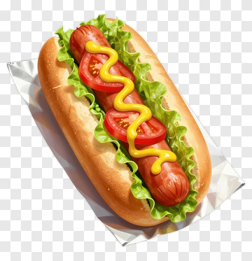 Hot Dog With Lettuce, Tomatoes, And Mustard PNG