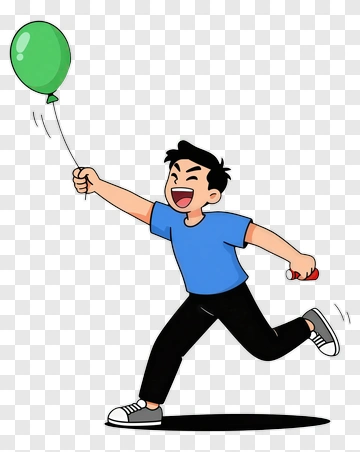 Cartoon Boy Holding A Green Balloon PNG
