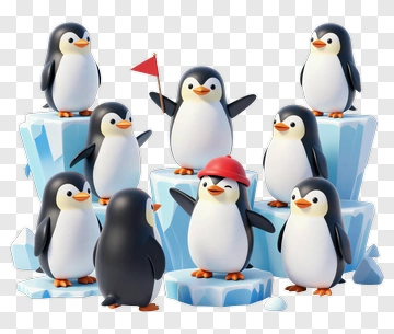 Group Of Cartoon Penguins On Ice Blocks PNG