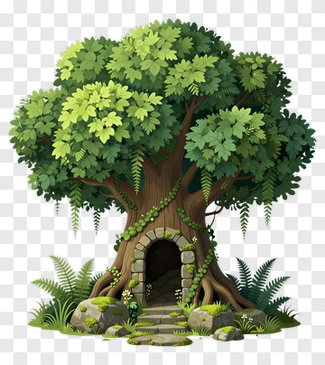 Colorful Tree With A Hollow And Surrounding Plants PNG