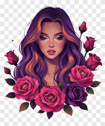 Woman With Purple Hair Surrounded By Roses PNG