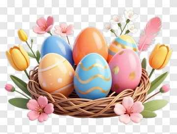 Colorful Easter Eggs In A Nest With Flowers PNG
