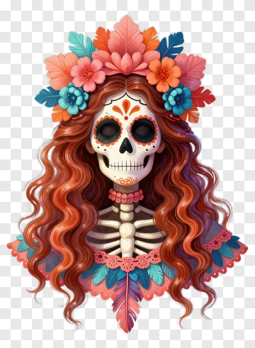 Colorful Sugar Skull With Flowers And Long Hair PNG