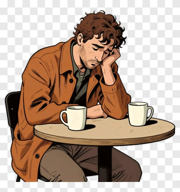 Sad Man Sitting At A Table With Coffee Cups PNG