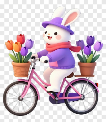 Cartoon Rabbit Riding A Bicycle With Flower Baskets PNG