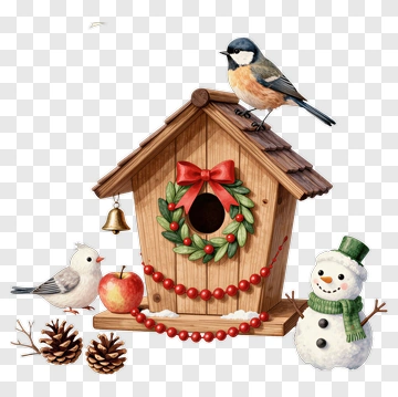 Birdhouse With Winter Decorations And Snowman PNG
