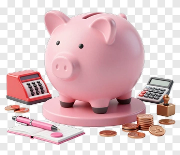 Piggy Bank With Coins And Calculators PNG