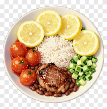 Delicious Plate Of Rice With Grilled Meat And Vegetables PNG