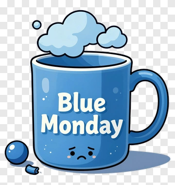 Cartoon Blue Mug With Blue Monday Text PNG