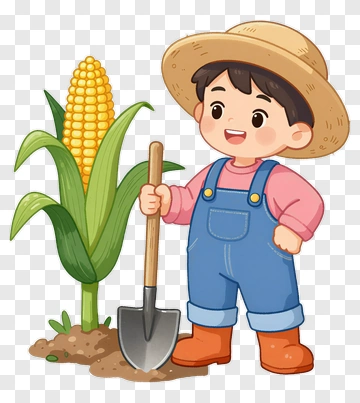 Cartoon Farmer Standing Next To Corn Plant PNG