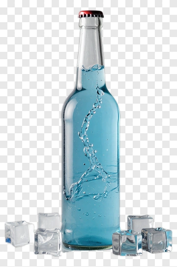 Glass Bottle Of Blue Drink With Ice Cubes PNG
