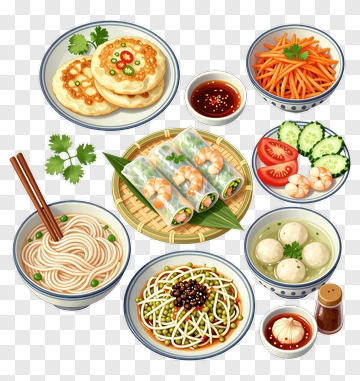 Assorted Asian Dishes With Noodles And Spring Rolls PNG
