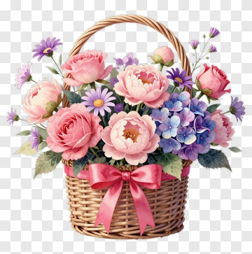Flower Bouquet In A Woven Basket PNG