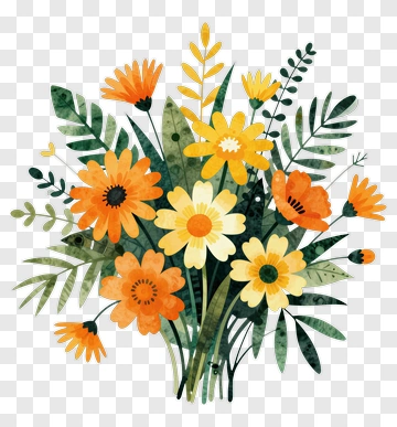 Colorful Flower Bouquet With Green Leaves PNG