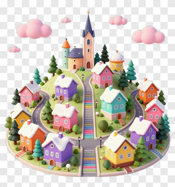 Colorful 3D Village With Houses And Trees PNG