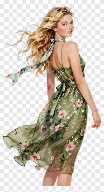 Woman In Floral Dress With Flowing Hair PNG