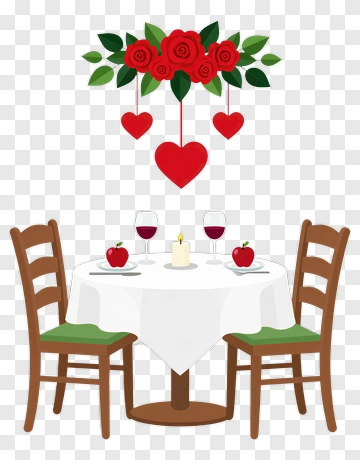 Romantic Dinner Table With Roses And Hearts PNG