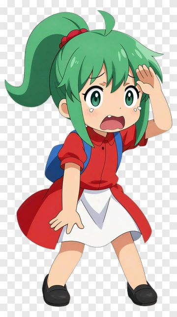 Cartoon Girl With Green Hair Looking Surprised PNG