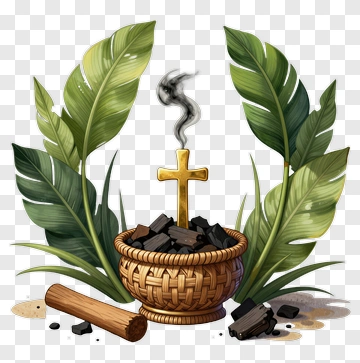 Woven Basket With Charcoal And Cross PNG