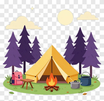 Camping Scene With Tent And Fire PNG