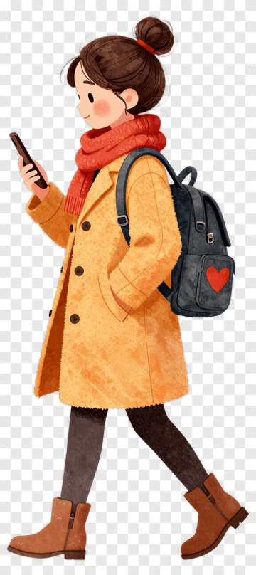 Cartoon Girl Walking With A Phone And Backpack PNG