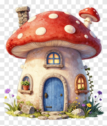 Mushroom House With Colorful Flowers PNG