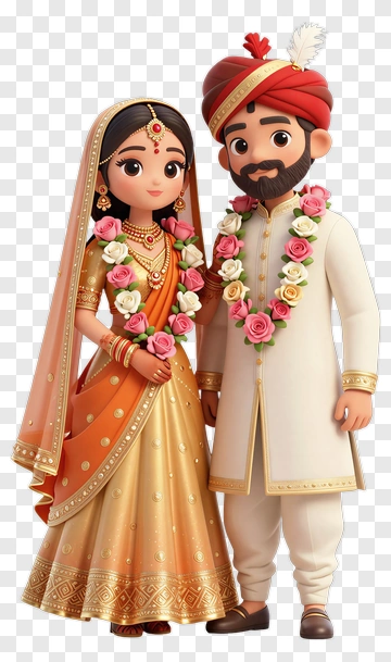 Cartoon Wedding Couple In Traditional Attire PNG