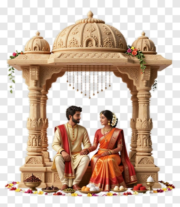 Traditional Indian Couple Sitting In A Decorative Pavilion PNG