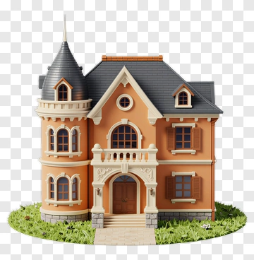 Colorful Dollhouse With Tower And Garden PNG