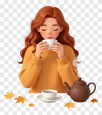 Woman Enjoying Tea With Autumn Leaves PNG