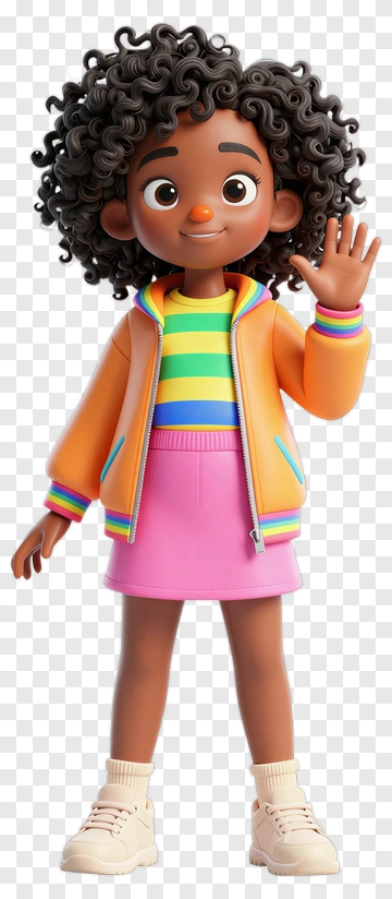 Cartoon Girl Waving In Colorful Outfit PNG